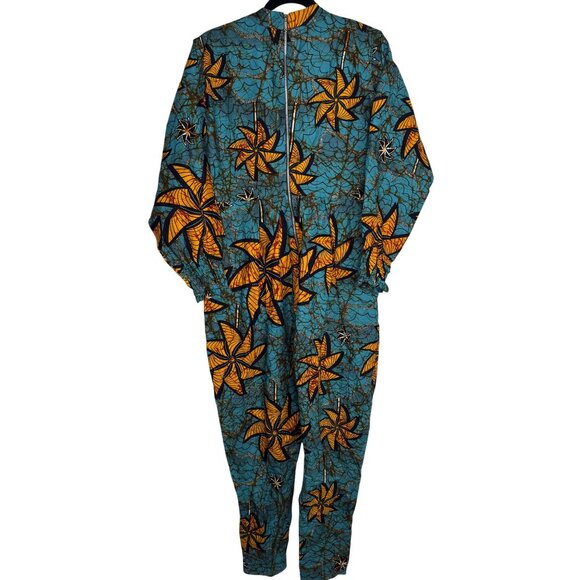 NWT African Print Long Sleeve Blue Orange Jumpsuit Pockets By Ace Kouture Size S - Picture 6 of 9